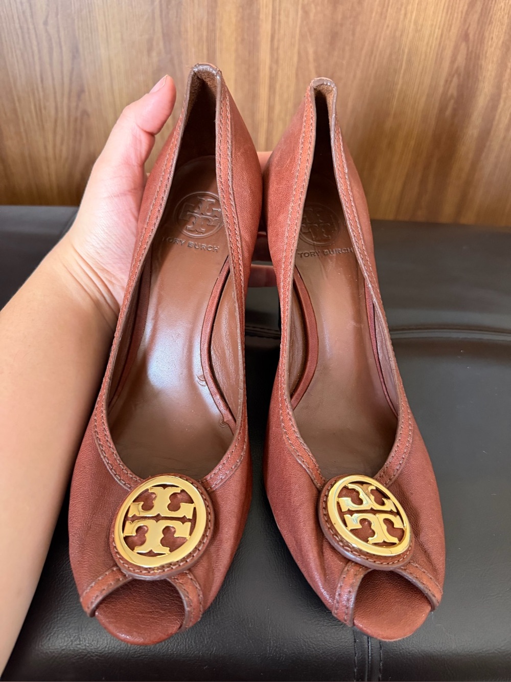 Tory Burch Brown Leather Peep-Toe Pumps with Gold Logo Medallion